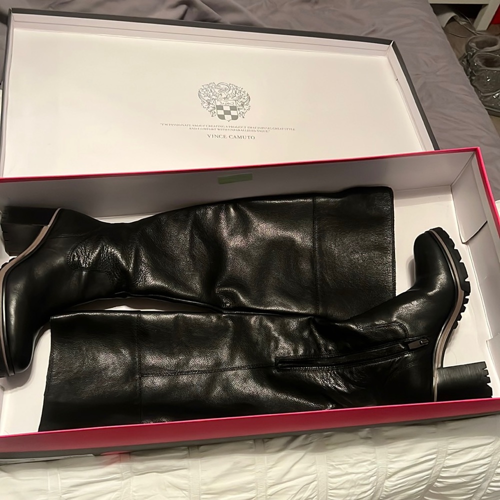 Vince Camuto Dasemma Black Over The Knee Chunky Heel Leather Boot (Black, 8)